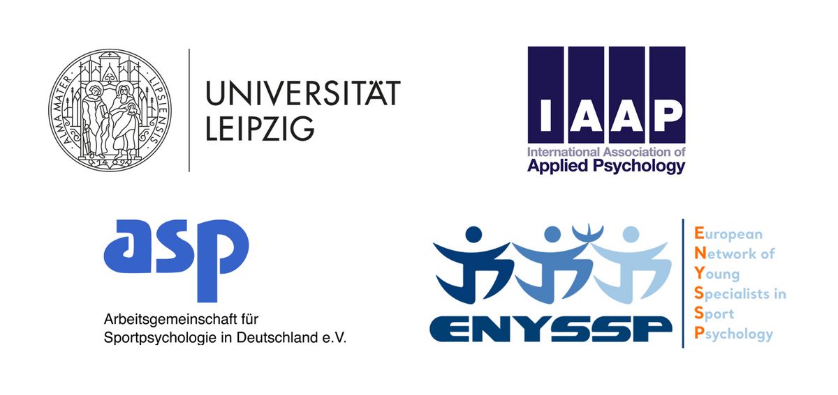zur Vergrößerungsansicht des Bildes: PhD Course 2024 – collection of our supporter's logos. The image comprises the logos of Leipzig University, the German Association of Sport Psychology (asp), the International Association of Applied Psychology (IAAP), and the European Network of Young Specialists in Sport Psychology (ENYSSP).