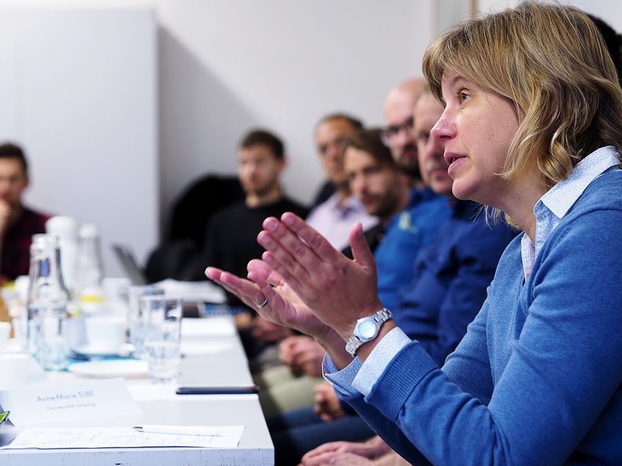 enlarge the image: the photo shows professor Anne-Marie Elbe discussing with other participants, photo: Kristin Zumpe