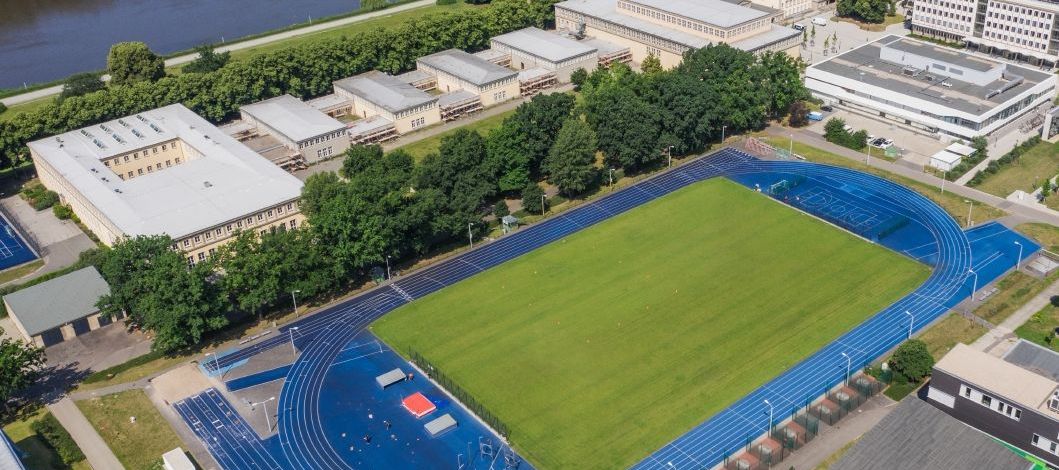 Sportwissenschaftliche Fakultät auf dem Campus Jahnalle aus der Vogelperspektive