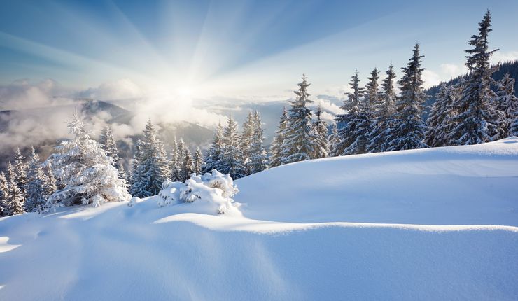 verschneite Winterlandschaft, mit blauem Himmel und Sonne