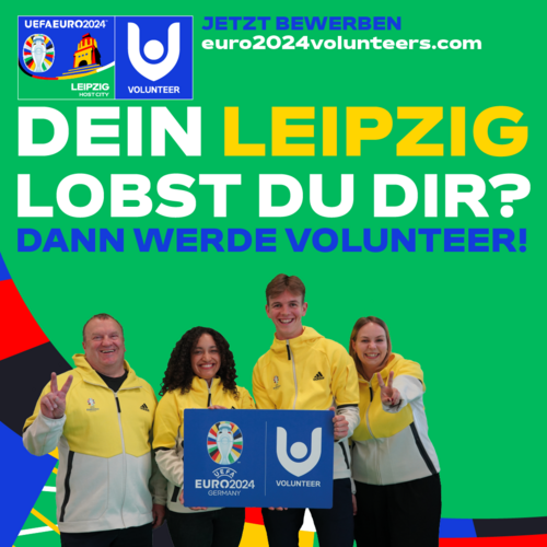 Das Bild zeigt einen Flyer für das Volunteer Programm der UEFA EURO 2024, Bewerbungen sind via euro2024volunteers.com möglich