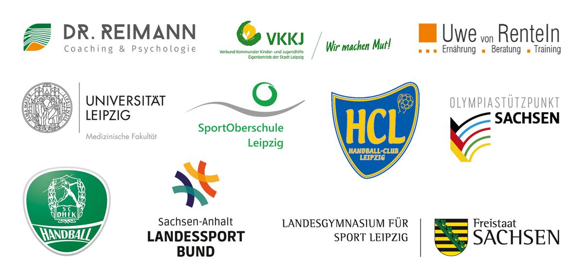 zur Vergrößerungsansicht des Bildes: Eine Zusammenstellung der Logos der Projektpartnerinnen und -partner des 2Steps4Health-Projekts: Dr. Reimann Coaching & Psychologie, Olympiastützpunkt Sachsen, Sportoberschule Leipzig, Medizinische Fakultät der Universität Leipzig, Verbund kommunaler Kinder- und Jugendhilfe, Uwe von Renteln, Landessportbund Sachsen-Anhalt, Handball-Club Leipzig, Landesgymnasium für Sport in Leipzig