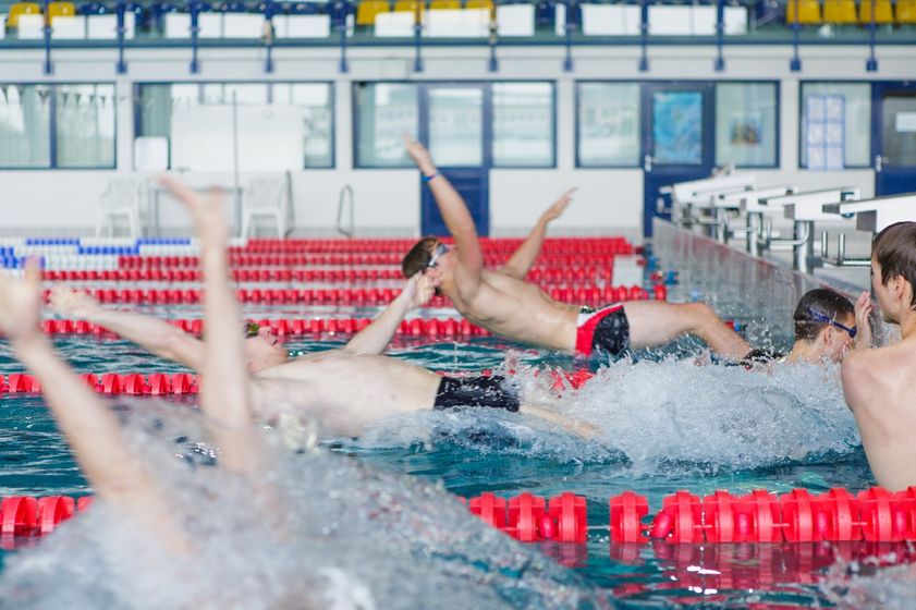 Seitlicher Blick auf mehrere Schwimmbahnen in denen Studierende sich im Rückenschwimmen messen, Foto: Christian Hüller