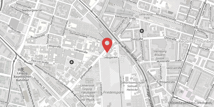 the map shows the following location: Institute of Biochemistry, Johannisallee 23, 04103 Leipzig